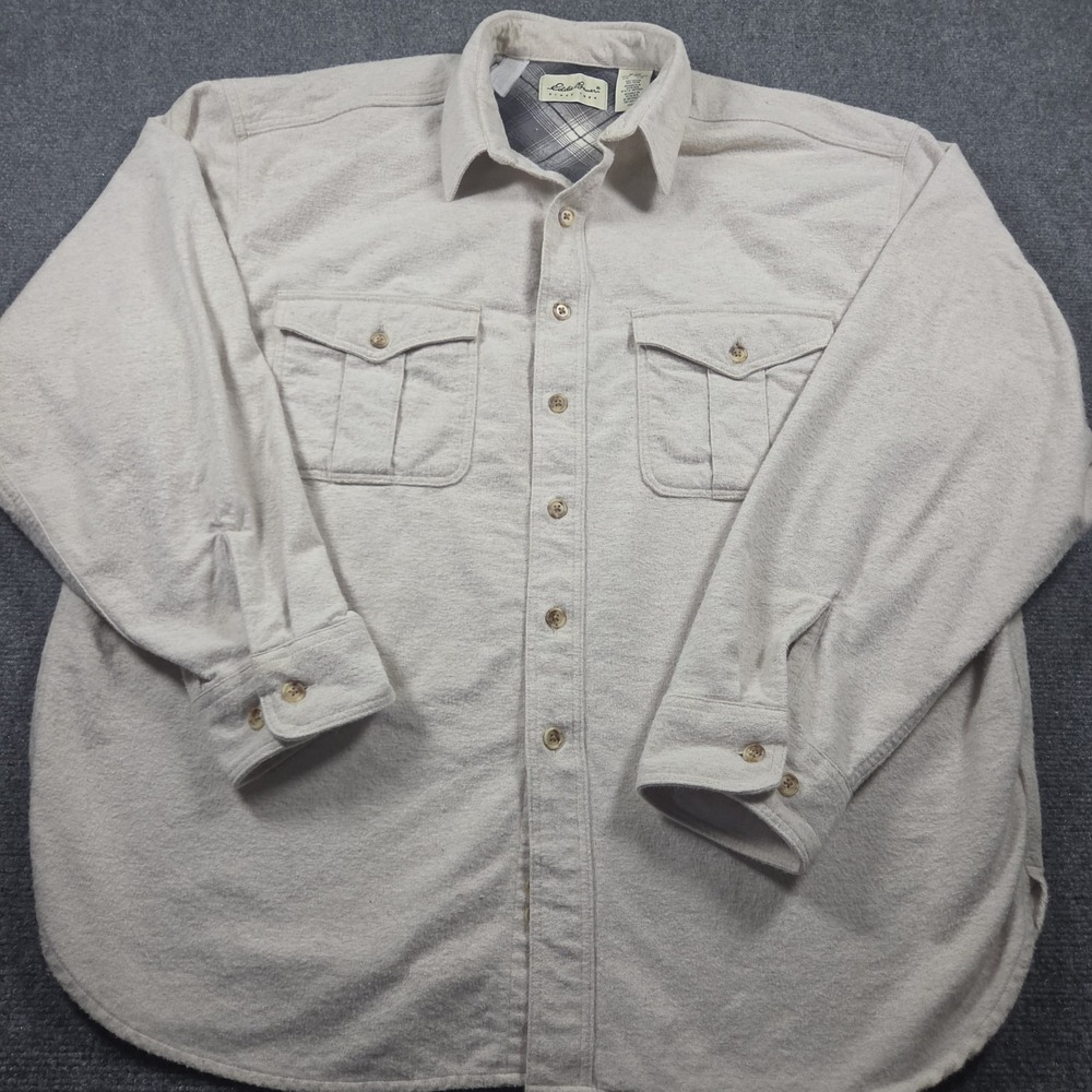 Vintage Eddie Bauer Chamois Shirt Mens 2XL Oatmeal Long Sleeve Button Up USA